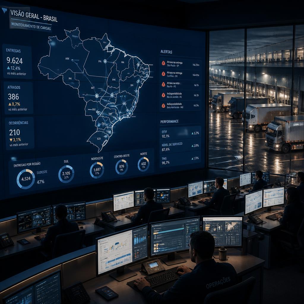 Torre de Controle Logística MyTracking com video wall, mapa do Brasil, KPIs e vista para docas de carregamento